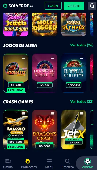 Bónus disponíveis na versão móvel do CASINO SOLVERDE
